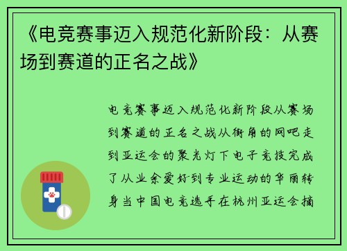 《电竞赛事迈入规范化新阶段：从赛场到赛道的正名之战》